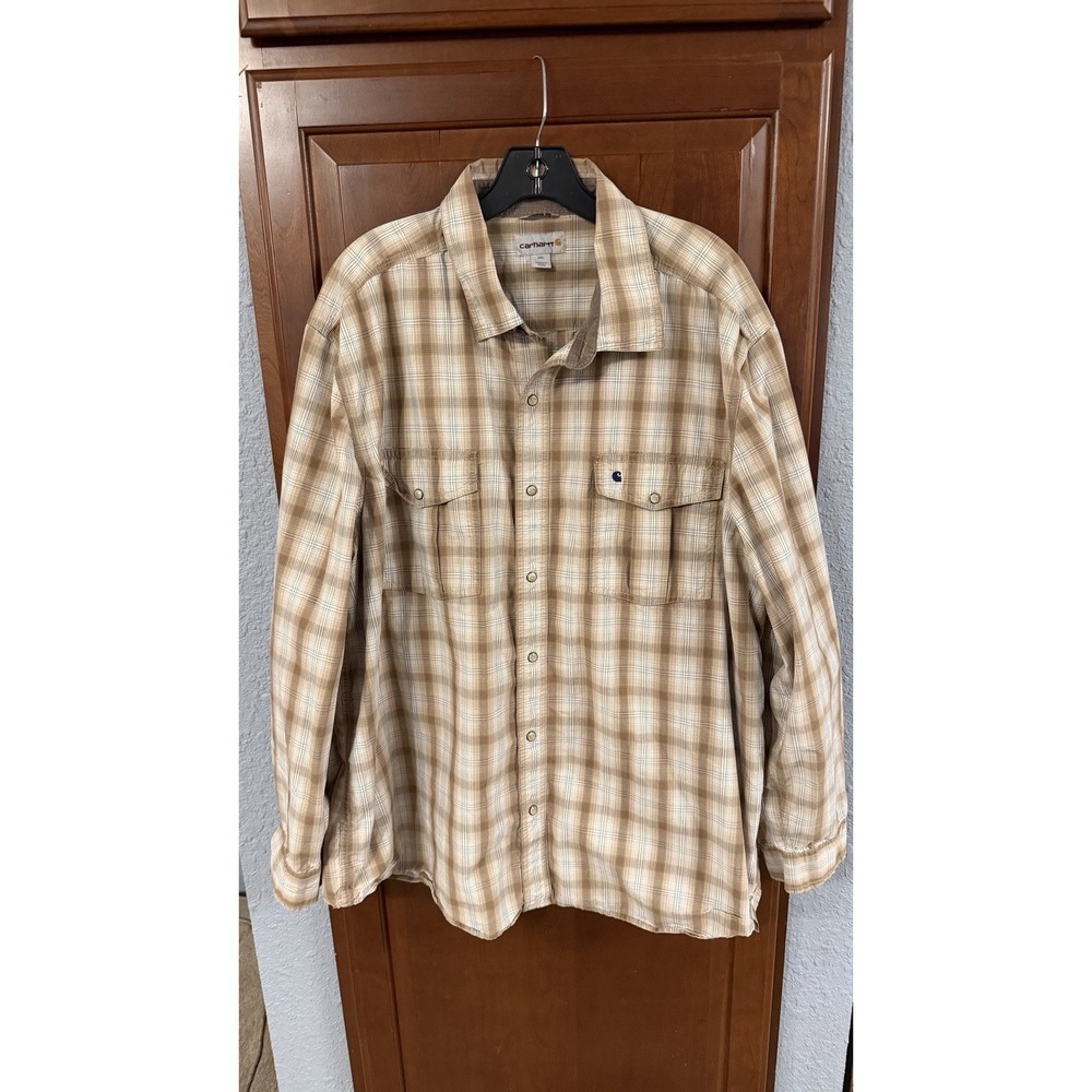 Carhartt Men's 2XL Relaxed Fit Plaid Long Sleeved Button Up Shirt Pearl Snap Tan